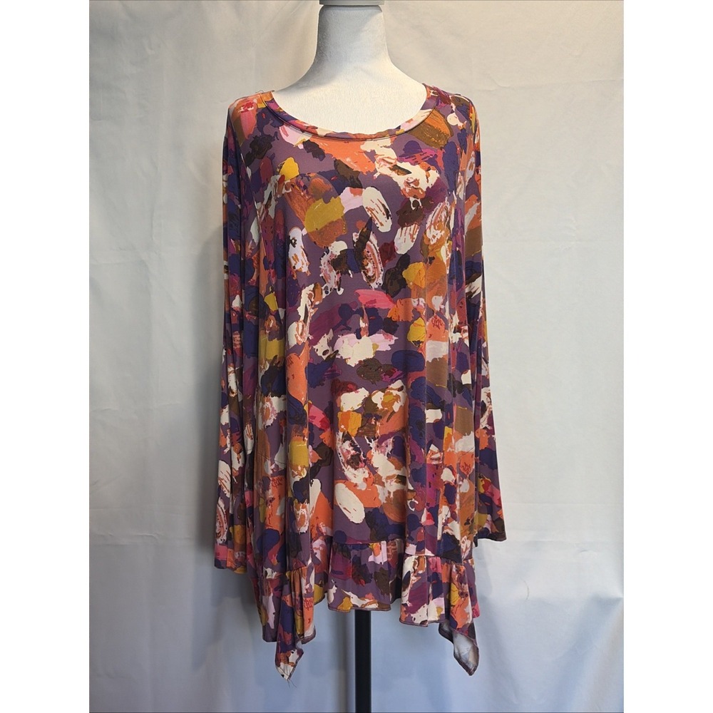 LOGO by Lori Goldstein Plus Size 2X Tunic Top Abstract Purple Scoop Neck Pockets
